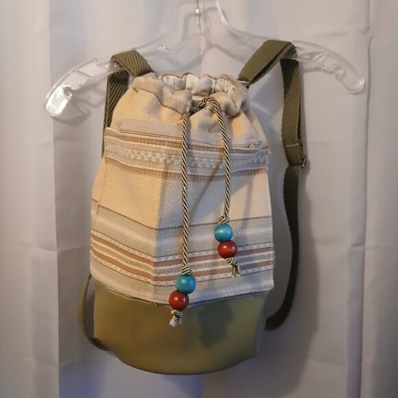 New Southwestern Cowgirl Bucket Tote Backpack Aztec Stripe Sage Tan Drawstring main image 8